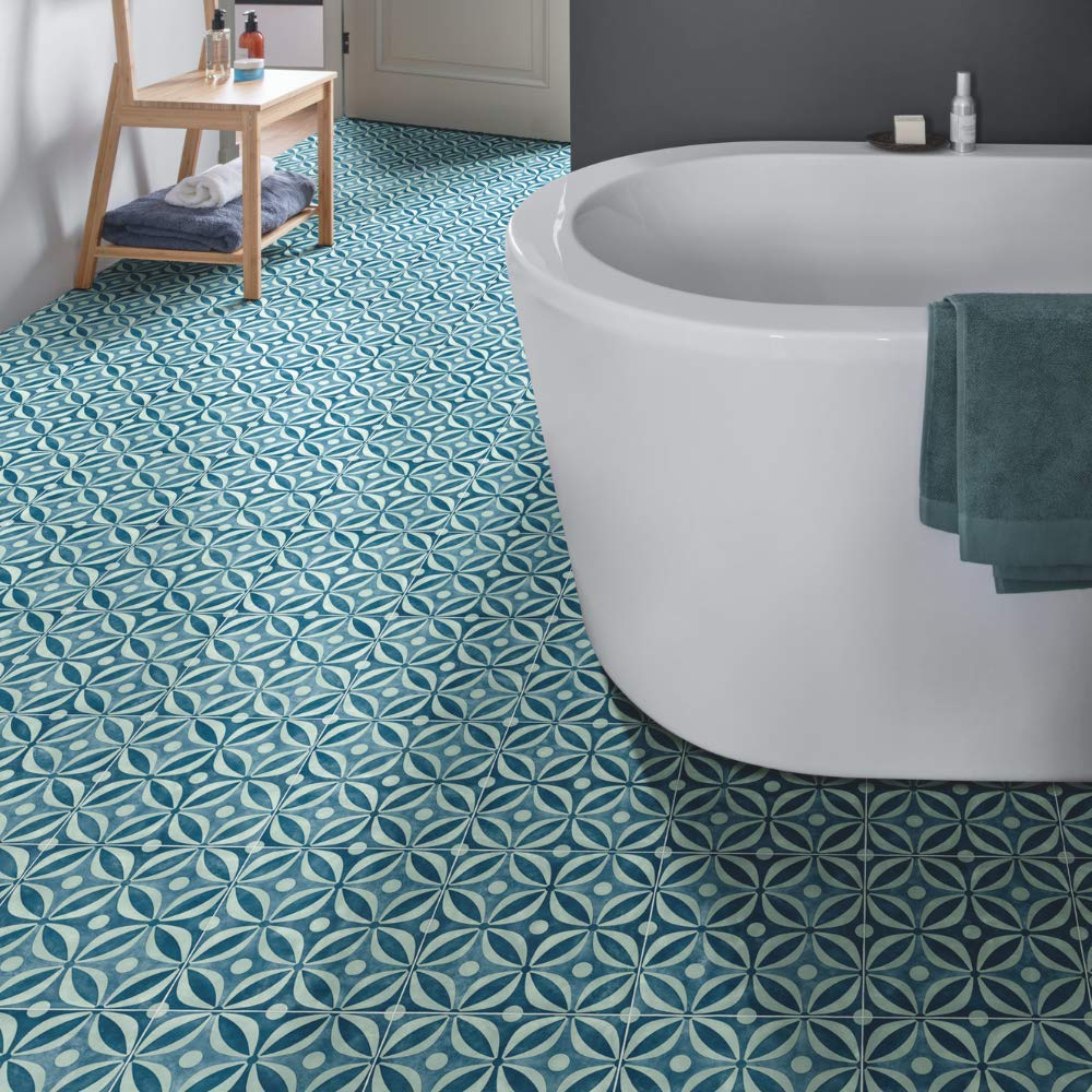 Buy Encaustic Cement Tile Effect Sheet Vinyl Flooring Azure Blue