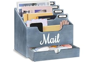 ANRXNCY Desktop Mail Organizer with 4 Large Compartments and Drawer, Wood Mail Holder Sorter Organizer, Countertop Desk Office Accessories Organizer for File Letter Paper Folder, Desk Drawer Organizer