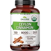 Zazzee USDA Organic Ceylon Cinnamon 20:1 Extract, 150 Capsules, Sri Lankan | Vegan, 5 Month Supply, Cinnamomum Verum, Antioxidant &amp; Metabolic Support, All-Natural, Non-GMO, Made in the USA