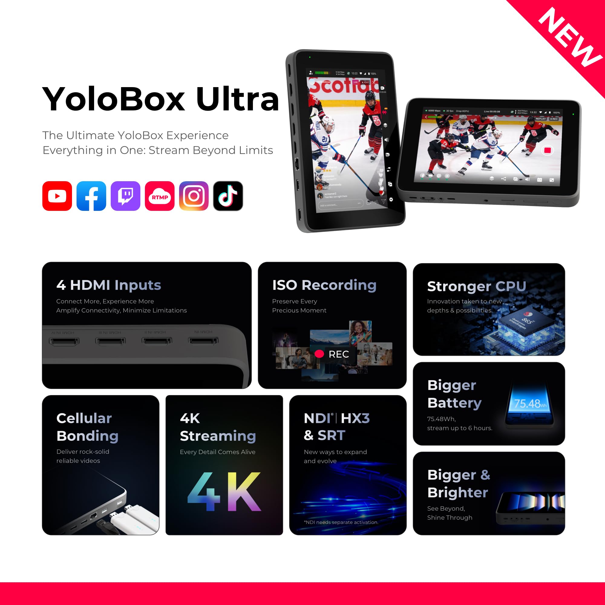 YoloLiv YoloBox Ultra, The Ultimate Horizontal/Vertical NDI Live Streaming Equipment, Switcher Monitor Encoder Recorder, for Facebook, YouTube, Instagram, Tiktok, RTMPS