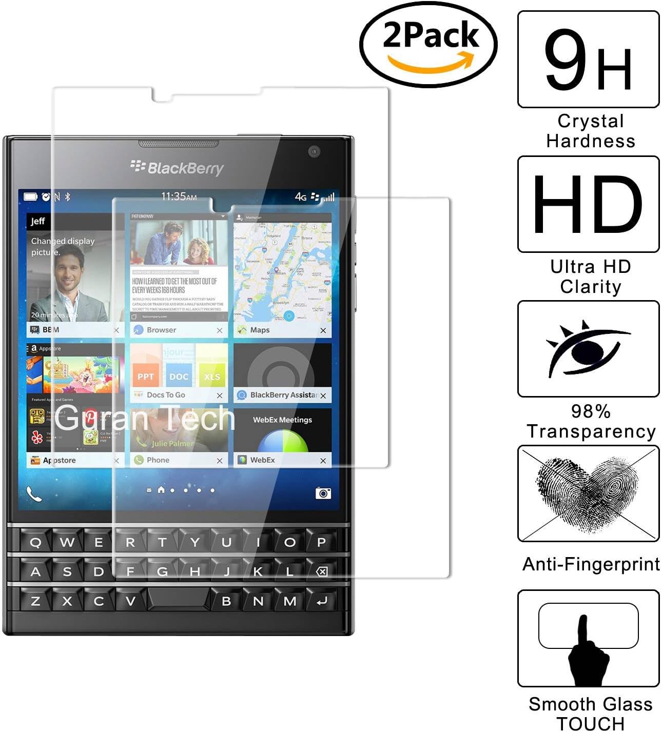 Guran® [2-Pack] Tempered Glass Screen Protector Film for Blackberry Passport (Q30) Smartphone Clear Anti-Scratch Shatter Proof (9H Hardness, 2.5D Edge, 0.26mm Thickness)