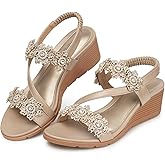 TEMOFON Wedge Sandals for Women Dressy: Summer Open Toe Elastic Ankle Strap - Comfortable Bohemian Low Wedge Sandals