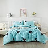 Caressma Comforter Set Twin Size - Light Blue Cute Heart Print Comforter Bedding Set, Soft Microfiber Comforter Set with Pillowsham