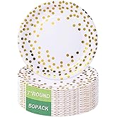qonimi White and Gold Party Supplies, 50 Pack Gold Dot Paper Plates 7 Inches Disposable Dessert Paper Plates Party Supplies for Birthday Graduation Wedding Baby Shower Christmas