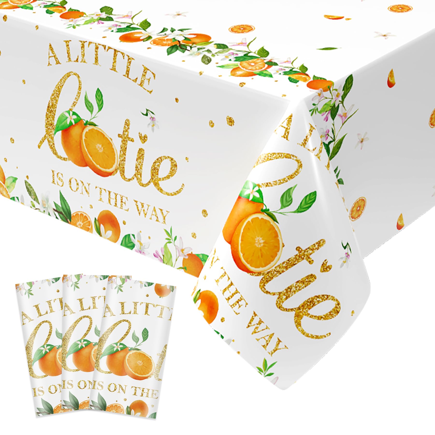 Lianxuia 3 Pcs Little Cutie Tablecloth, 54 * 108 Inch Orange Tablecloth, Fruit Plastic Tablecover for Boys and Girls Birthday Party, A Little Cutie is on The Way Baby Shower Decorations