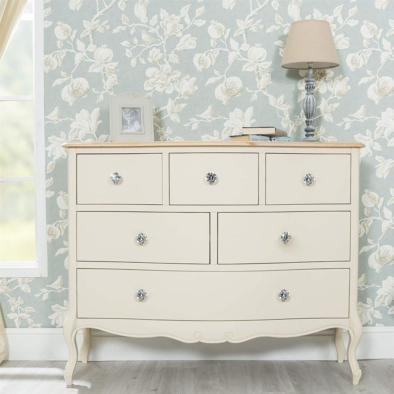 Juliette large cream chest of drawers with deep drawers and crystal