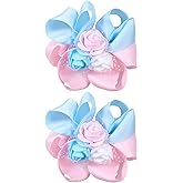 Flower Hair Bow Clips 3 Inch Handmade Kids Girls Cute Hairpins Grosgrain Ribbon Rose Hair Accessories for School Party Prom, Blue&Pink