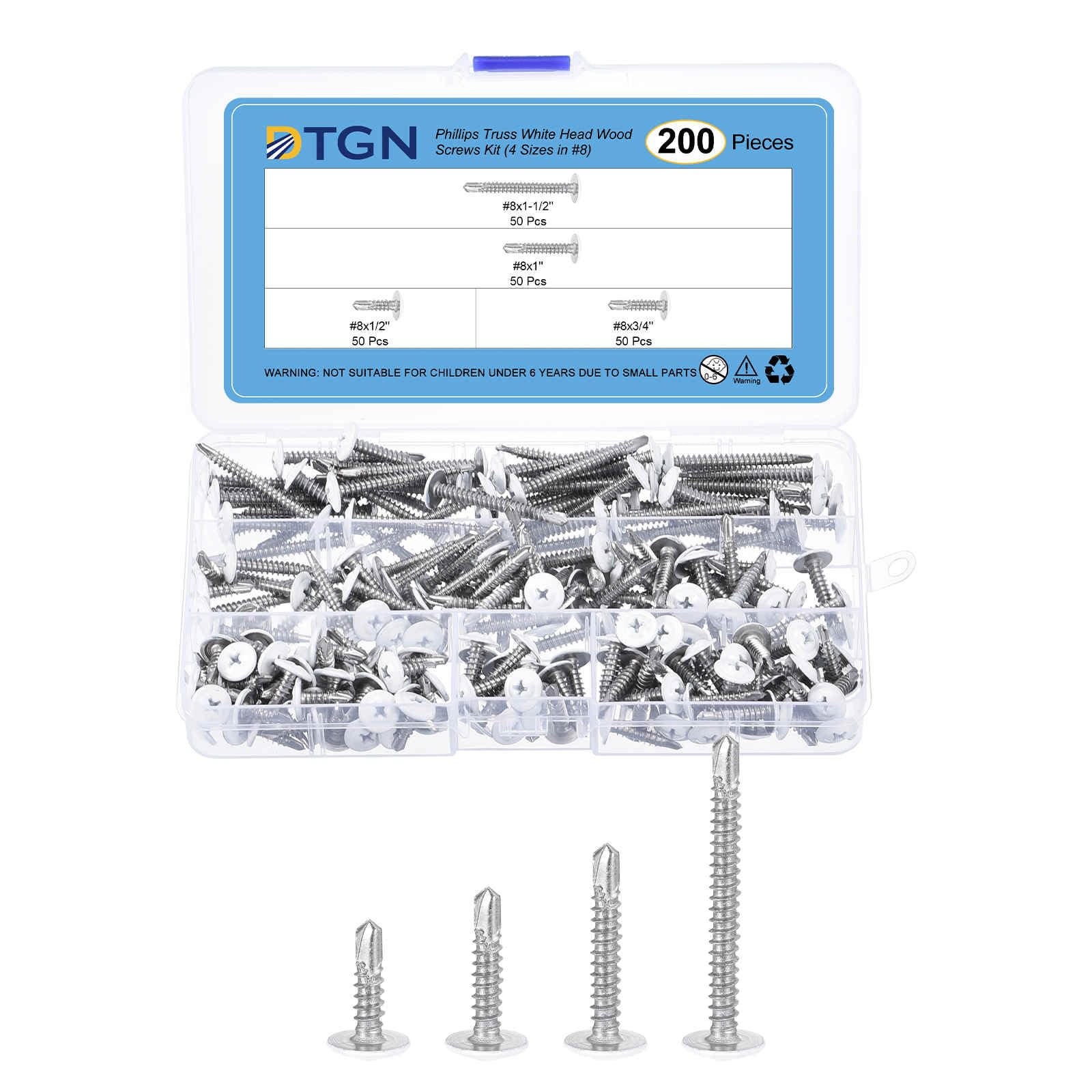 DTGN Sheet Metal Screws Assortment Kit - 200Pack - for Wood, Furniture - 4 Sizes 410 Stainless Steel #8 Phillips Truss White Head Self Drilling Screws