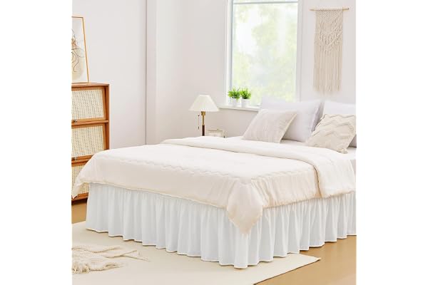 Vocander White Queen Size Bed Skirt 16 Inch Drop, Easy to Put On Elastic Wrap Around Dust Ruffle for Bed Frame & Mattress, Lu