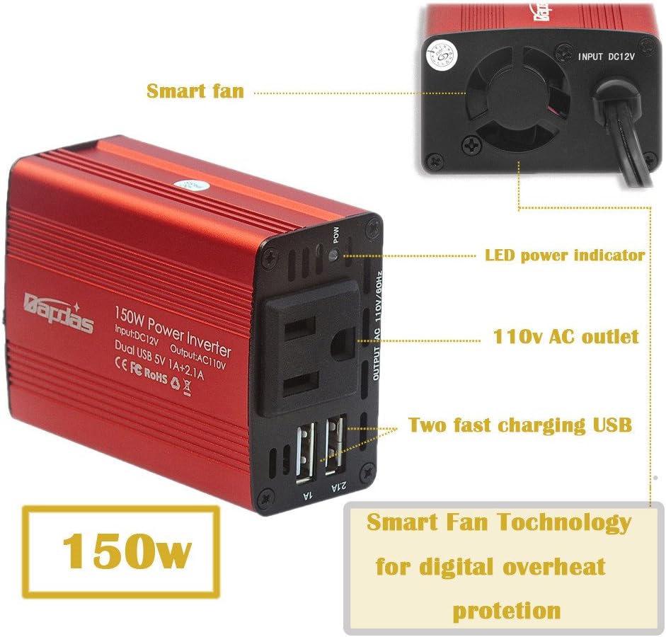 Bapdas 150W Car Power Inverter DC 12V to 110V AC Car Converter with 3.1A Dual USB Car Adapter-Red