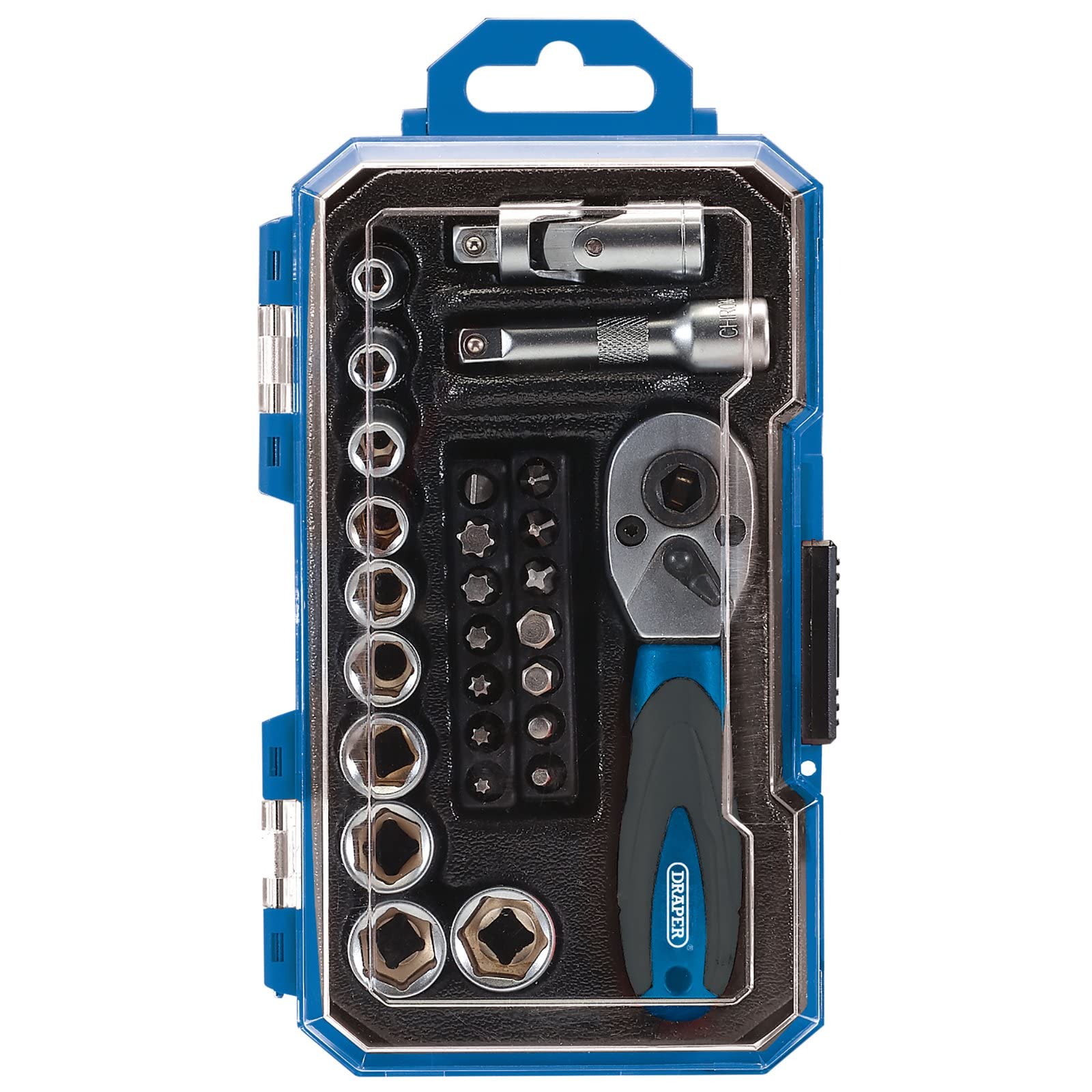 Draper 27-Piece Ratchet Metric Socket Set | 1/4 Inch Square Drive Ratchet Tool and Impact Sockets Set | Mechanics Workshop Hand Tools | 04778