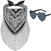 Ricawa Fringe Rhinestone Bandana Disco Cowgirl Bachelorette Sparkly Bandanas for Women Men Halloween, with Heart Sunglasses