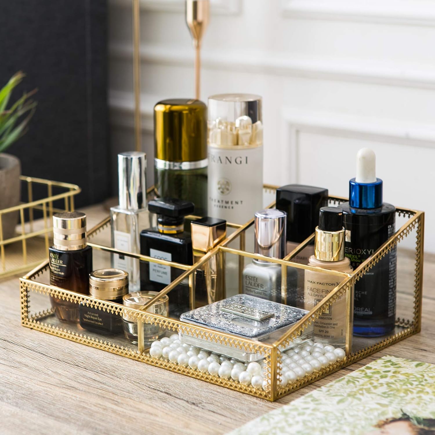Smart Wyche Large Glass Makeup Organizer Gold Cosmetic Storage Display Case with 6 Compartments for Brushes Lipstick Perfume Concealers, Makeup Holder for Bedroom Bathroom, Easy Visibility - Metal: Home Improvement