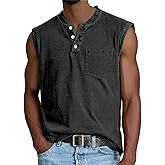 Kubsid Mens Tank Vintage Button Sleeveless Sports Henley Shirts Summer Cotton Casual Classic Solid Beach Tops with Pocket