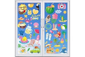 PARTYGARDEN Large Summer Window Clings - 4 Sheets 63 Pcs Summer Theme Pool Beach Chairs Sun Window Decal Stickers for Glass Windows for Pool Party Supplies Home School Office Shop Display Decoration