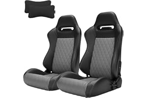 VROOMAUTO Pair of Universal Racing Seats, PVC Leather, Racing Bucket Seats with Dual Sliders, 2 Neck Pillows, Reclinable for Driver and Passenger Side (VR011)