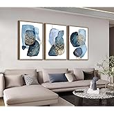 Shoci Large Framed Abstract Blue and Navy Color Blocks on White Canvas Wall Art Modern Gold Botanical Picture Print Natural Float Framed Dark Blue Decor for Living Room Bedroom 16X24 Inch Set of 3