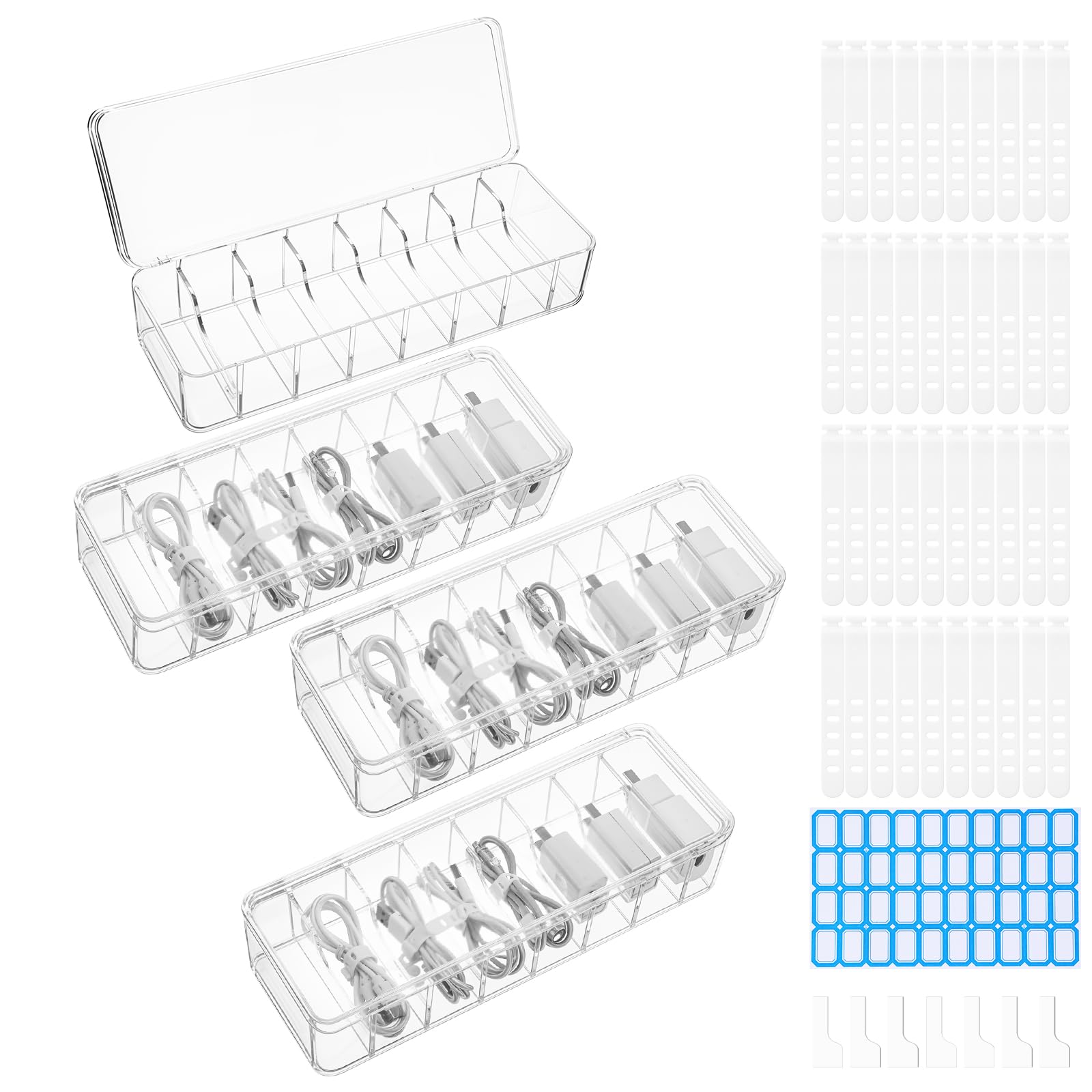 Photo 1 of 4 Pack Cord Storage Organizer with 40 Silicone Ties and 40 Stickers, Clear Cable Management Boxes Cable Storage Organizer Charger Organizers, Plastic Box with Lid for Office, Home, Desk Drawer Box