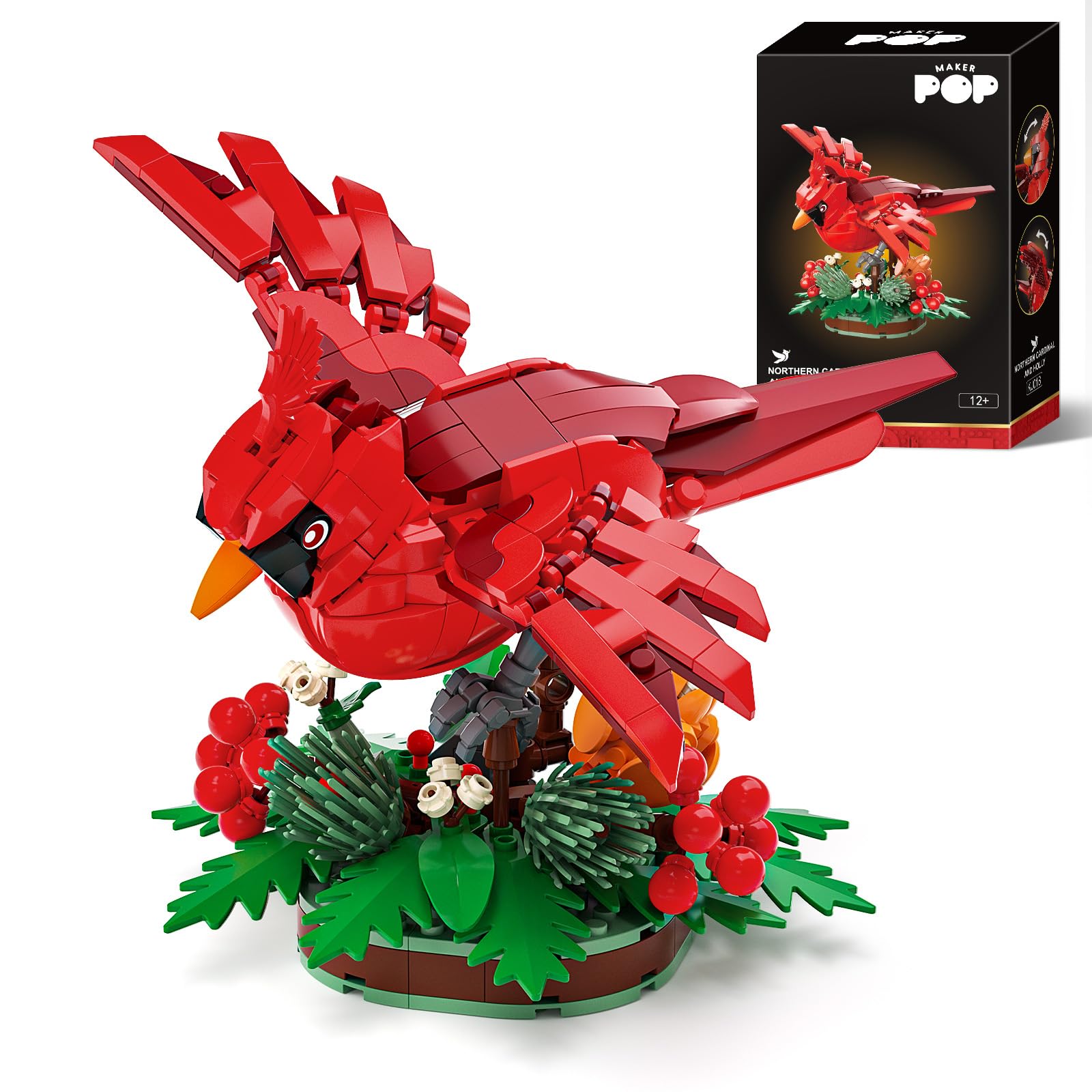Photo 1 of *Damage to box* Sinuraii Northern Cardinal Building Block Set, Male Northern Cardinal Fly in Winterberry Plant Bush, Red Bird Figurine, Ideal for Home and Office Décor, Christmas Toy Gift for Kids, Adults