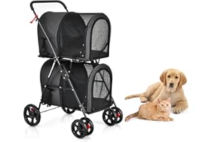 PETSITE Double Dog Stroller, Foldable Pet Stroller for 2 Dogs & Cats Small Medium Sized with Detachable Carrier on Wheels, Jogger Stroller Crate for Car Seat Walking Camping Travel (Black)