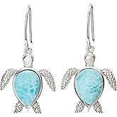 Sterling Silver Natural Larimar Turtle Dangle Hook Earrings