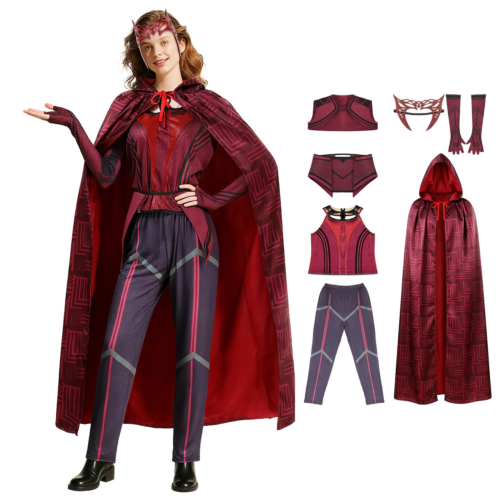 Wanda Maximoff Costume, Wanda Costume Adult Women, Scarlet Witch Costume Halloween Costume Suit With Wanda Cloak Headpiece Halloween Party Props, XL