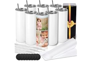 D·S 8 Pack Sublimation Tumblers 20 oz Skinny Stainless Steel Insulated Straight Sublimation Tumbler Blank with Straw, Lid, Brush Individual Gift Box and Shrink Wrap