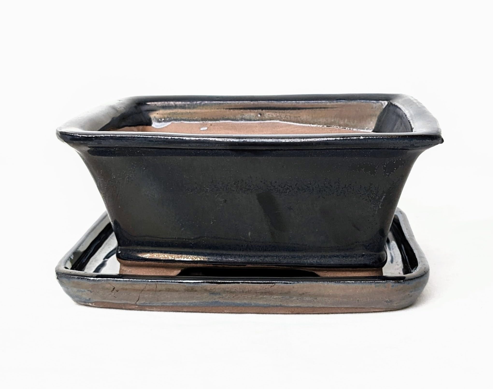 Glazed Ceramic Bonsai Pots with Matching Drip Trays (Grey, 16cm)