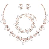chaoyite 3PCS Elegant Wedding Party Jewelry Set for Women Brides Leaf Shape Pearls Choker Necklace Earrings Bracelet Set Prom Costume Accessories