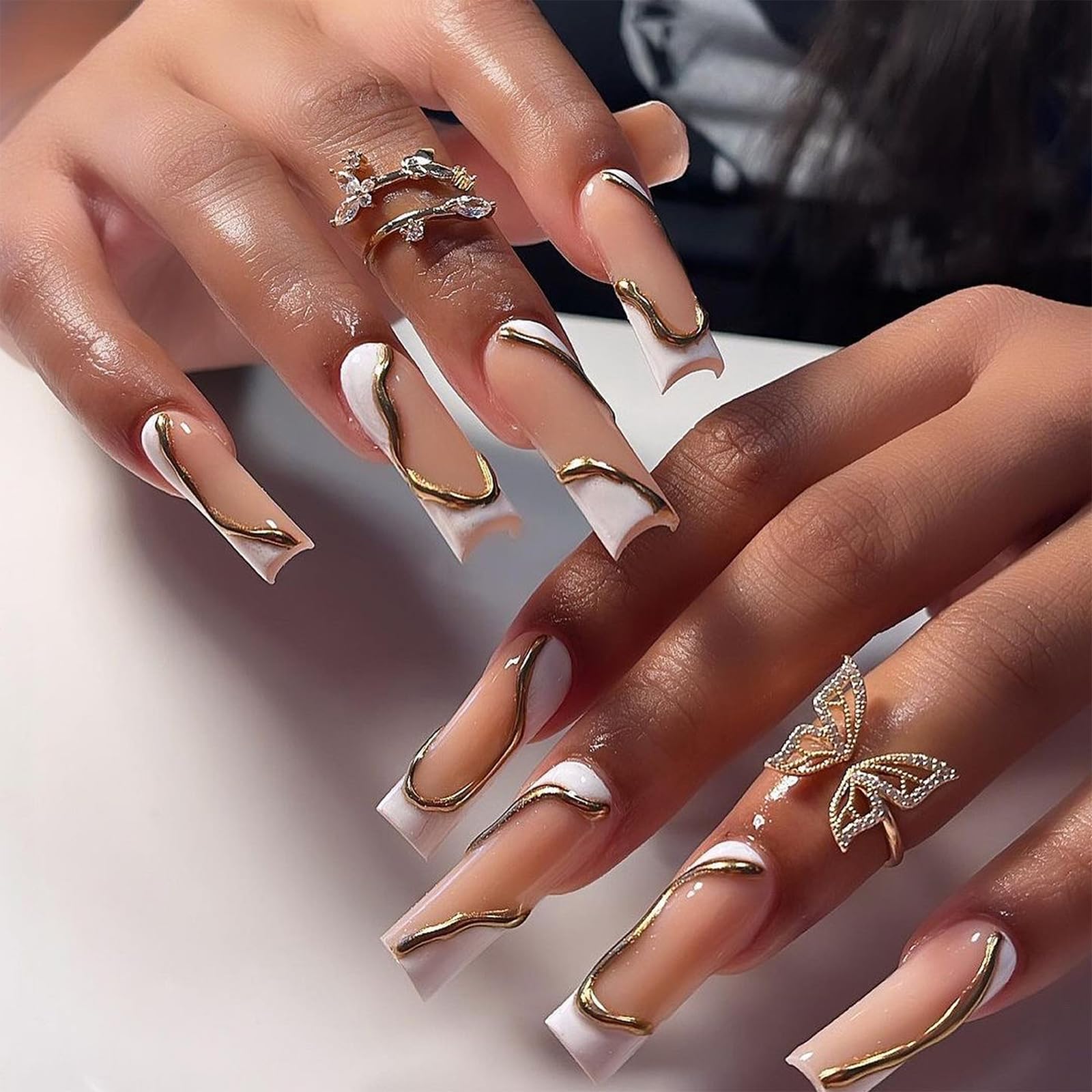 Photo 1 of IMRAIN Press-on Nails - Long Square Golden & White Nude False Nails, French Tips, Full Cover Glossy Glue-on, 24 Pcs