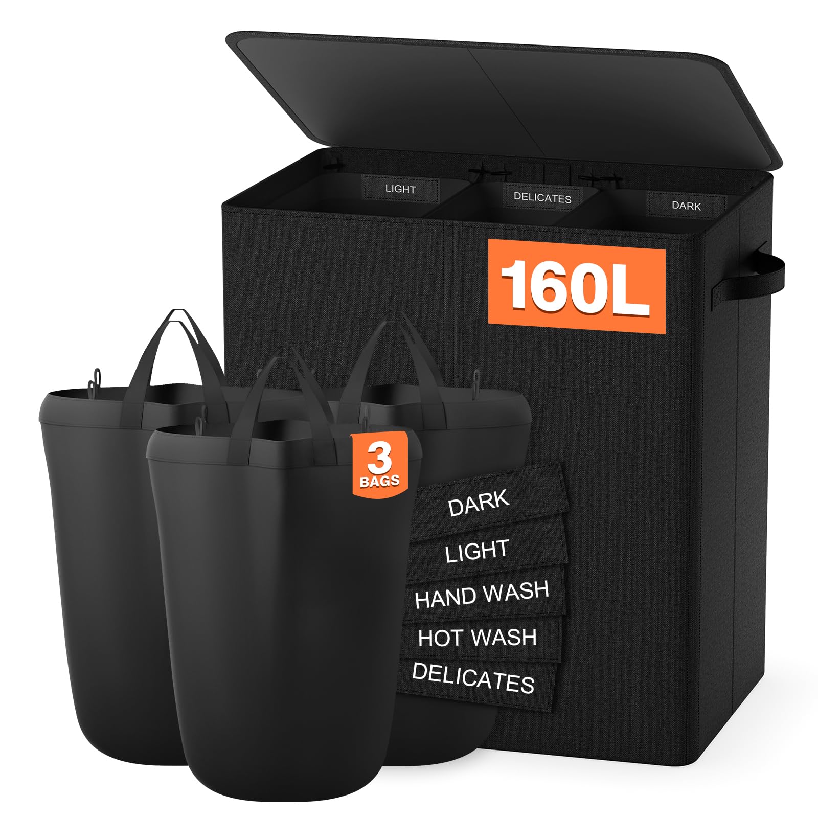 Photo 1 of Laundry Hamper 3 Section, 160L Clothes Hampers for Laundry Basket with Lid, 3 Compartment Laundry Hamper with Removable Bags Hampers for Bedroom Aesthetic Laundry Room Organize and Storage?Black