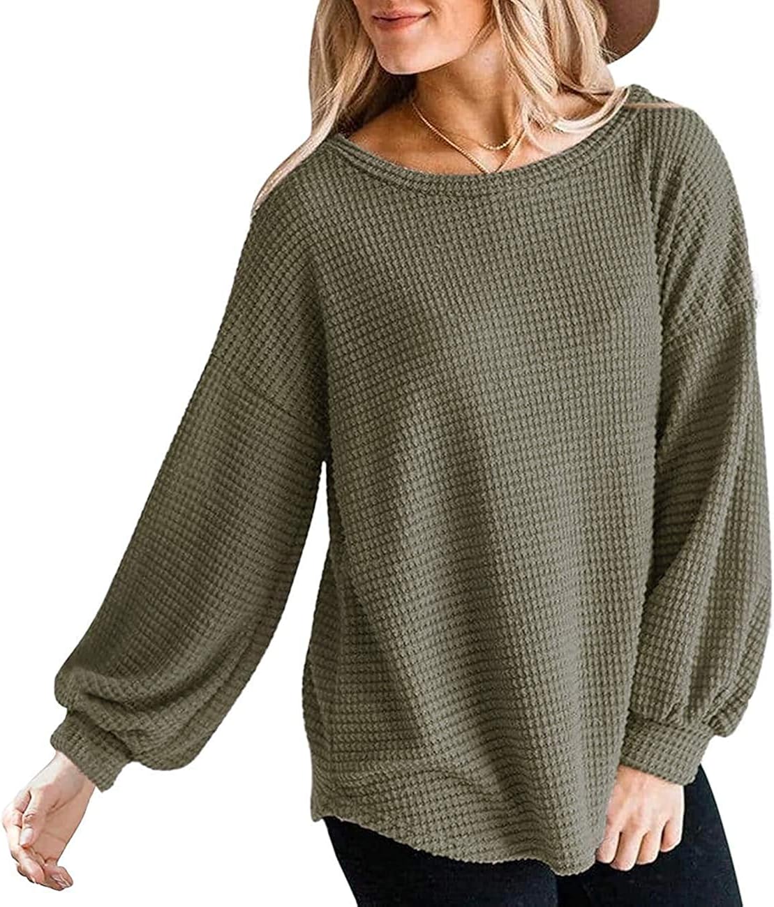 Trieskull Womens Oversized Waffle Casual Sweatshirts Long Puff Sleeve