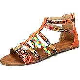 gracosy Flat Sandals for Women, Wedges Sandals Gladiator Summer Dress Sandals Ankle Slippers Woven Straps Shoes Flip Flop Thong Orange 10 M US