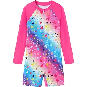 Ghteas Girls Long Sleeve Rash Guard Swimsuit UPF 50+ One Piece Zipper Bathing Suit for Swimming Surfing 3-12Y
