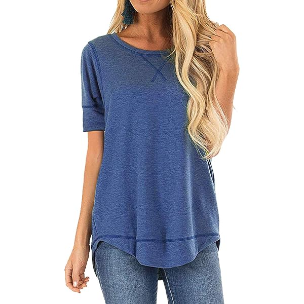 Beimuc Women's Summer Short Sleeve T-Shirt - Side Split Loose Tunic Top In Blue (XX-Large) | Casual Crewneck Tee - View #4
