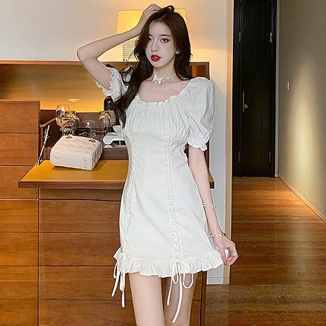 Amazon Co Jp ハイエンドカスタム21夏気質ワンショルダースクエアネックウエストスウィートプリンセスドレスバブル半袖aラインドレス女性 ホーム キッチン