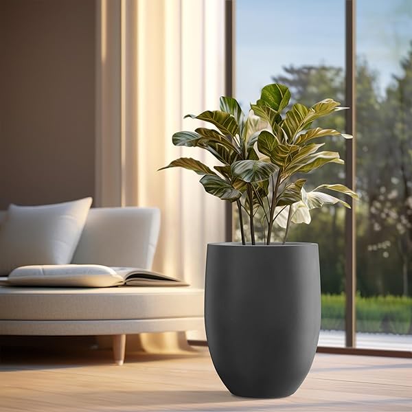KANTE 21.7″ H BURNISHED BLACK TALL PLANTER, LARGE OUTDOOR INDOOR DECORATIVE POT WITH DRAINAGE HOLE AND RUBBER PLUG, MODERN ROUND TAPER STYLE FOR HOME AND PATIO