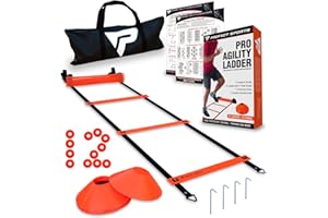 PROFECT SPORTS Pro Agility Ladder and Cones - Speed and Agility Training Set with 15 ft Fixed-Rung Ladder & 12 Cones for Soccer, Football, Sports, Exercise, Workout, Footwork Drills - Includes Heavy Duty Carry Bag