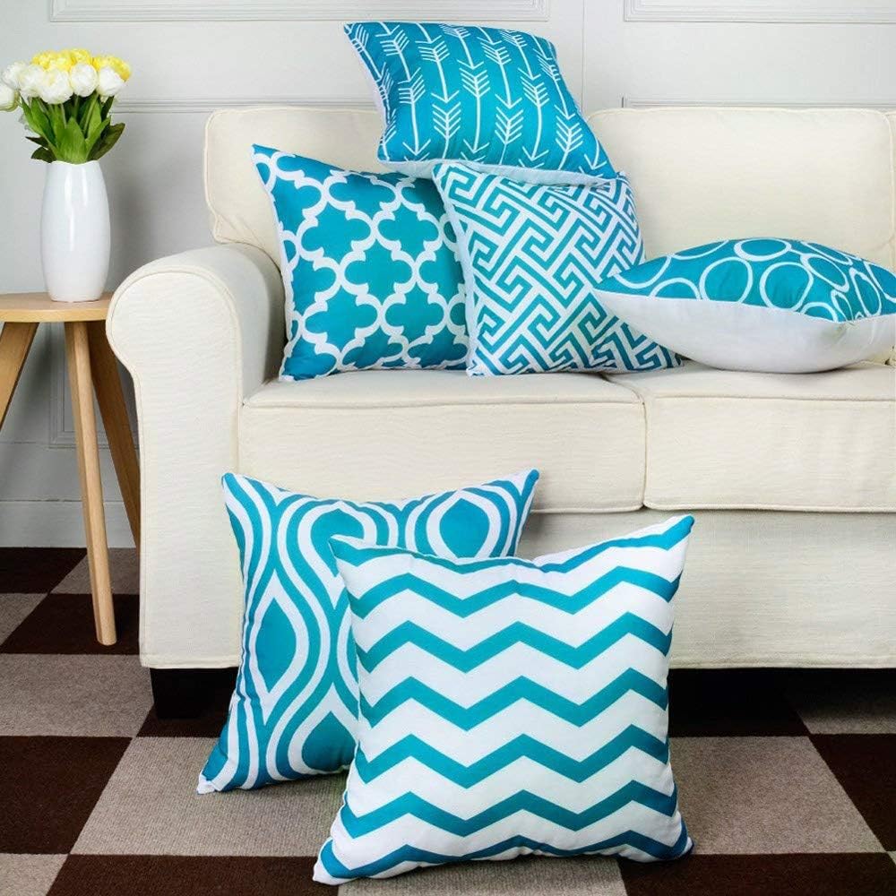 JCarry Throw Pillow Cover 18x18 Set of 6, Geometric Pattern Pillow Cases, Super Soft Cotton Blend Cushion Cover, Home Decorative Pillow Cover for Living Room Bedroom Car Sofa, 45x45cm (Blue)