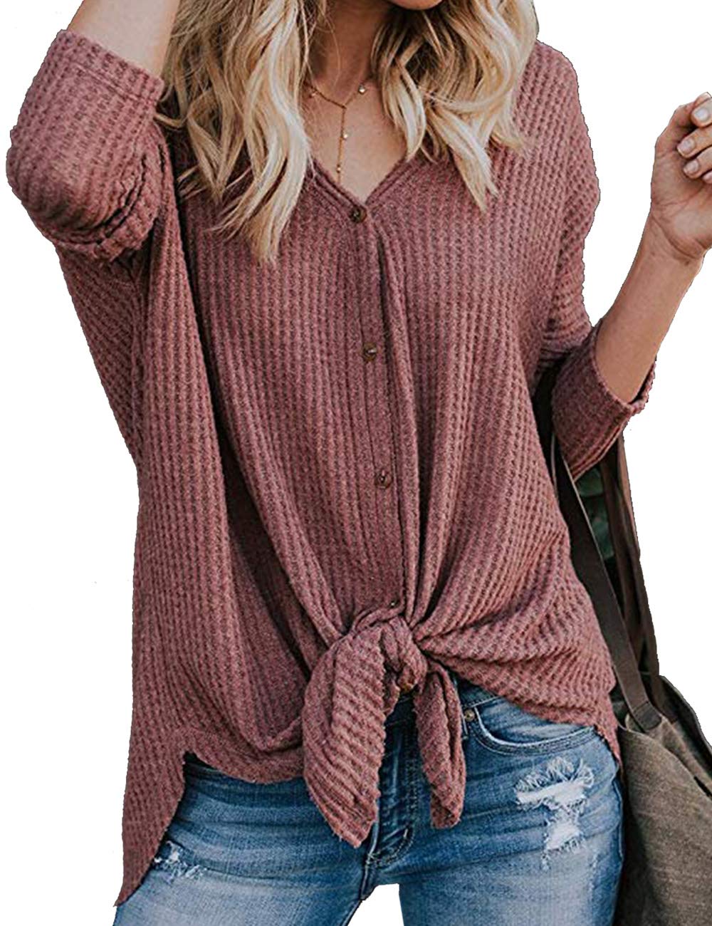 Poplover Womens Loose Knit Tunic Blouse Bow Henley Tops with Button Wine red Large