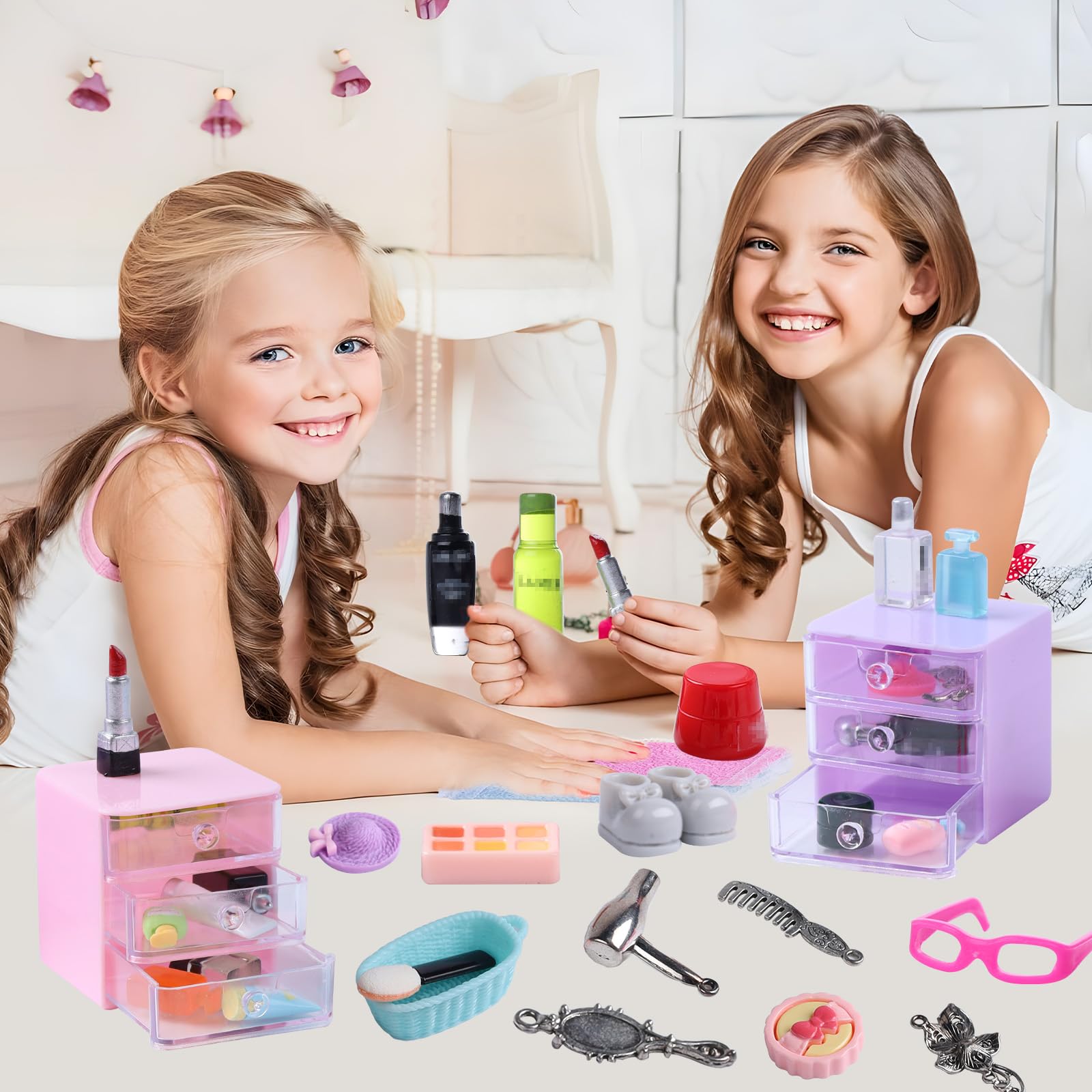 76pcs Miniature Dollhouse Accessories,Dollhouse Bathroom Set with Makeup Set Towel Toothbrush Shampoo Toiletries Set,Miniature Stuff Jewelry Storage Case Perfume Shoes Backpack for Girl Micro Scene