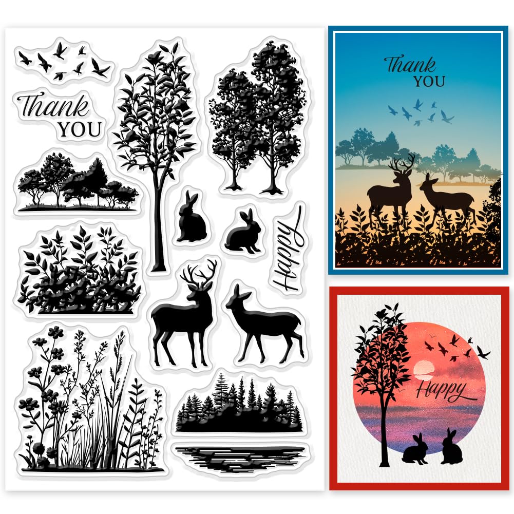 Photo 1 of GLOBLELAND Forest Animal Silhouette Clear Stamps Wild Deer Rabbit Bird Silicone Stamp Seals Transparent Stamps for DIY Scrapbooking Cards Making Photo Album Journal
