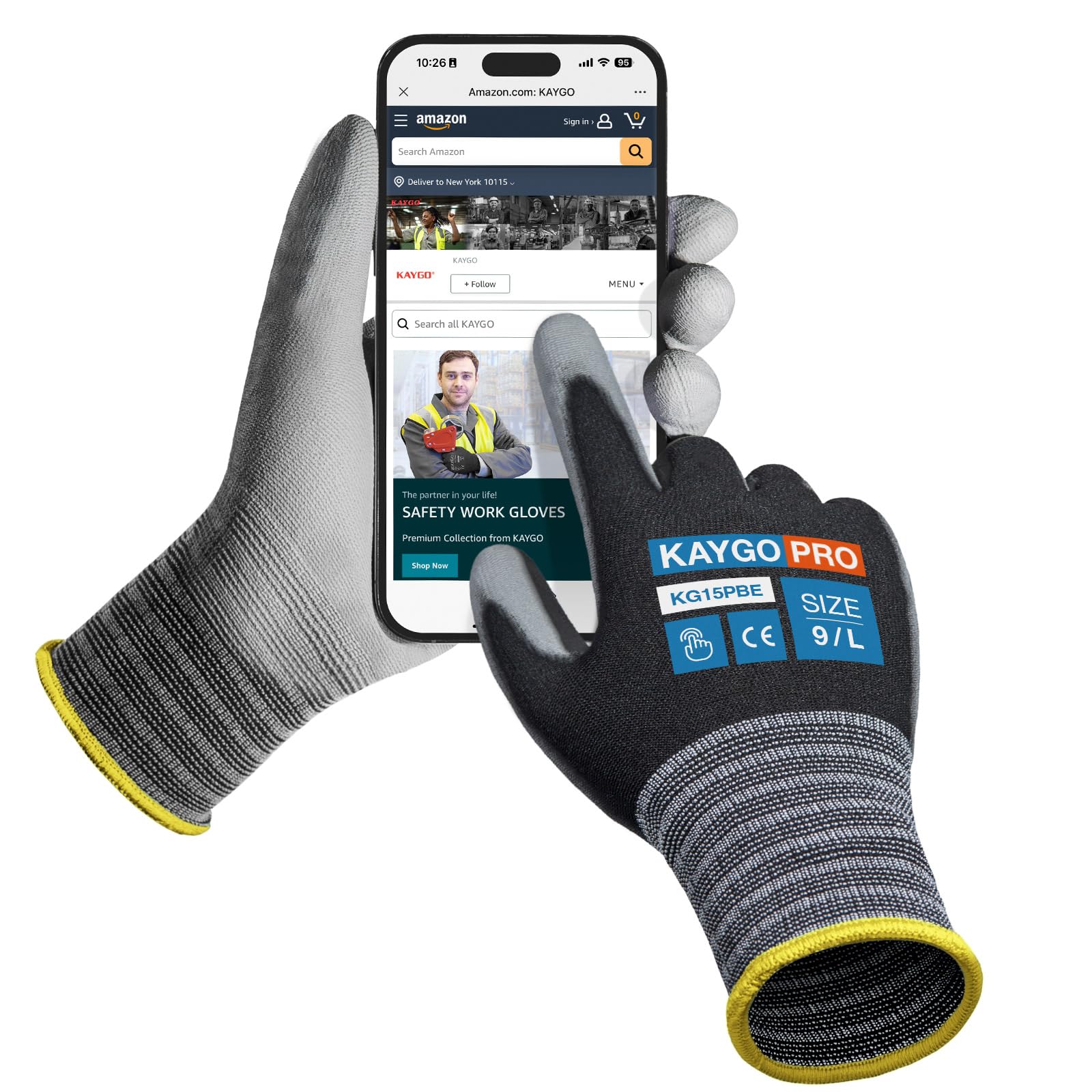 KAYGO Thin Work Gloves PU Coated 12 Pairs Touchscreen, KG15P, Nylon Liner with Flexible PU Coating Lightweight Safety Work Gloves for Precision Handling Work, DIY, Assembly, Warehouse (Black, L)