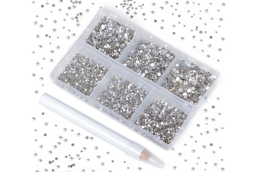 Bymitel 7200 Pieces 6 Mixed Sizes Glue Fix on Glass Rhinestones Round Crystal Gems Flatback for DIY Jewelry Making with one Picking Pen(6-Sizes 7200PCS, Clear Crystal)