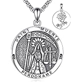 SILBAZ Santa Muerte Necklace for Women Men 925 Sterling Sliver Vintage Amulet Medal Pendant Religious Jewelry Gifts Protector Amulets