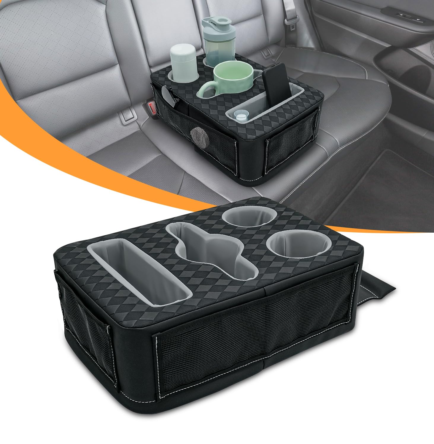 Photo 1 of Back Seat Cup Holder for Car, Truck Bed Organizer Boat Couch Car Cup Holder Tray Expander Automotive Rear Seat Storage Accessories Non-Slip Spill-Resistant Pu Leather Fit for Coffee Drink Food
