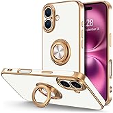 Hython for iPhone 16 Plus Case with Ring Stand, 360° Rotatable Ring Holder Magnetic Kickstand, Plating Rose Gold Edge Soft Cover Protective Phone Case for iPhone 16 Plus 6.7", White