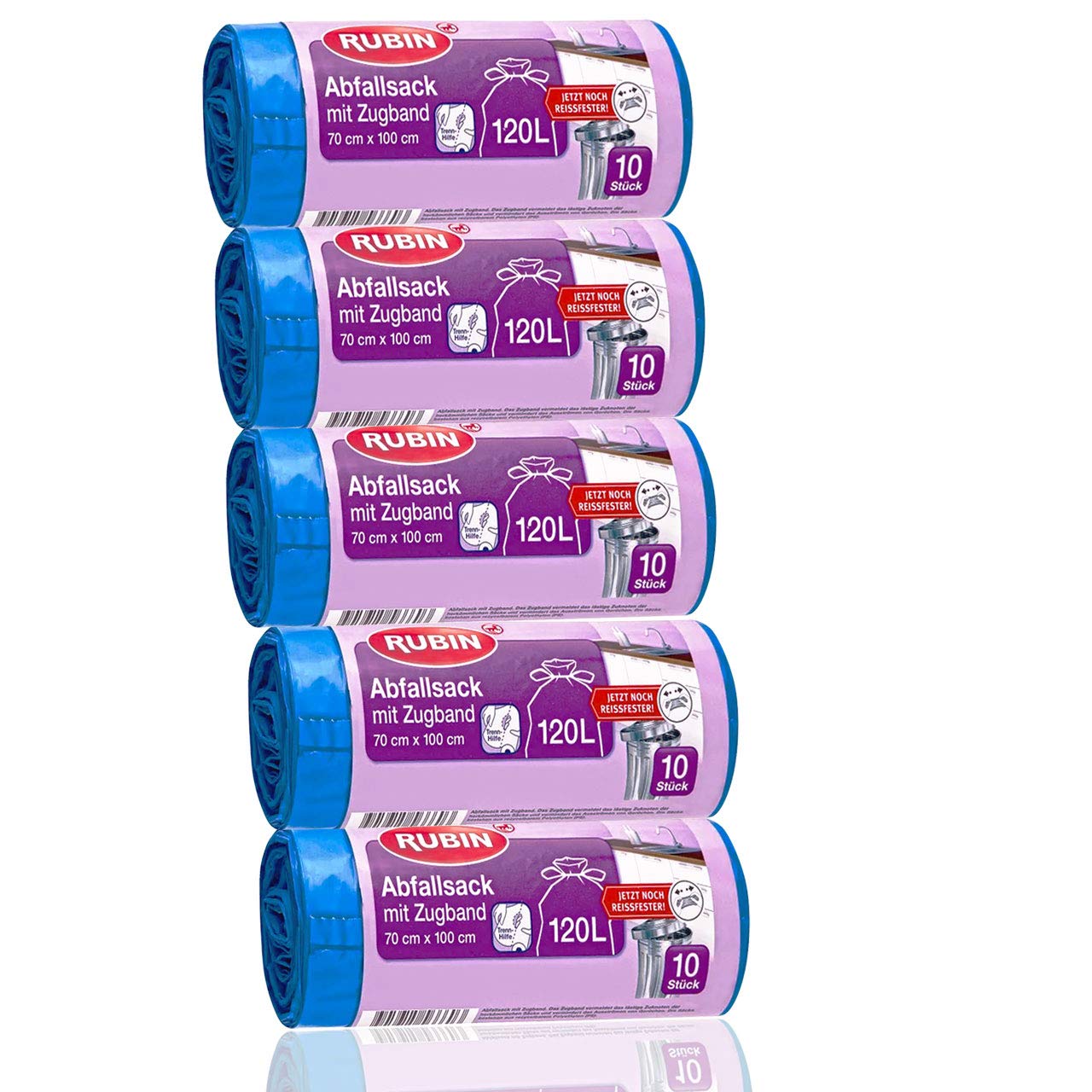 Rubin Drawstring bin bags, 120 litres (50 pieces), for household and office, tear-resistant and liquid-tight, pack of 5 (5 x 10 pieces), recyclable, especially small packaging.