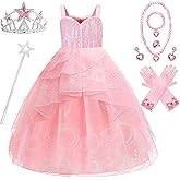 Axwcon Wicked Glinda Dress Costume for Girls, Pink Tulle and Sequin Witch Dress for Kids Christmas、Halloween Cosplay Costumes
