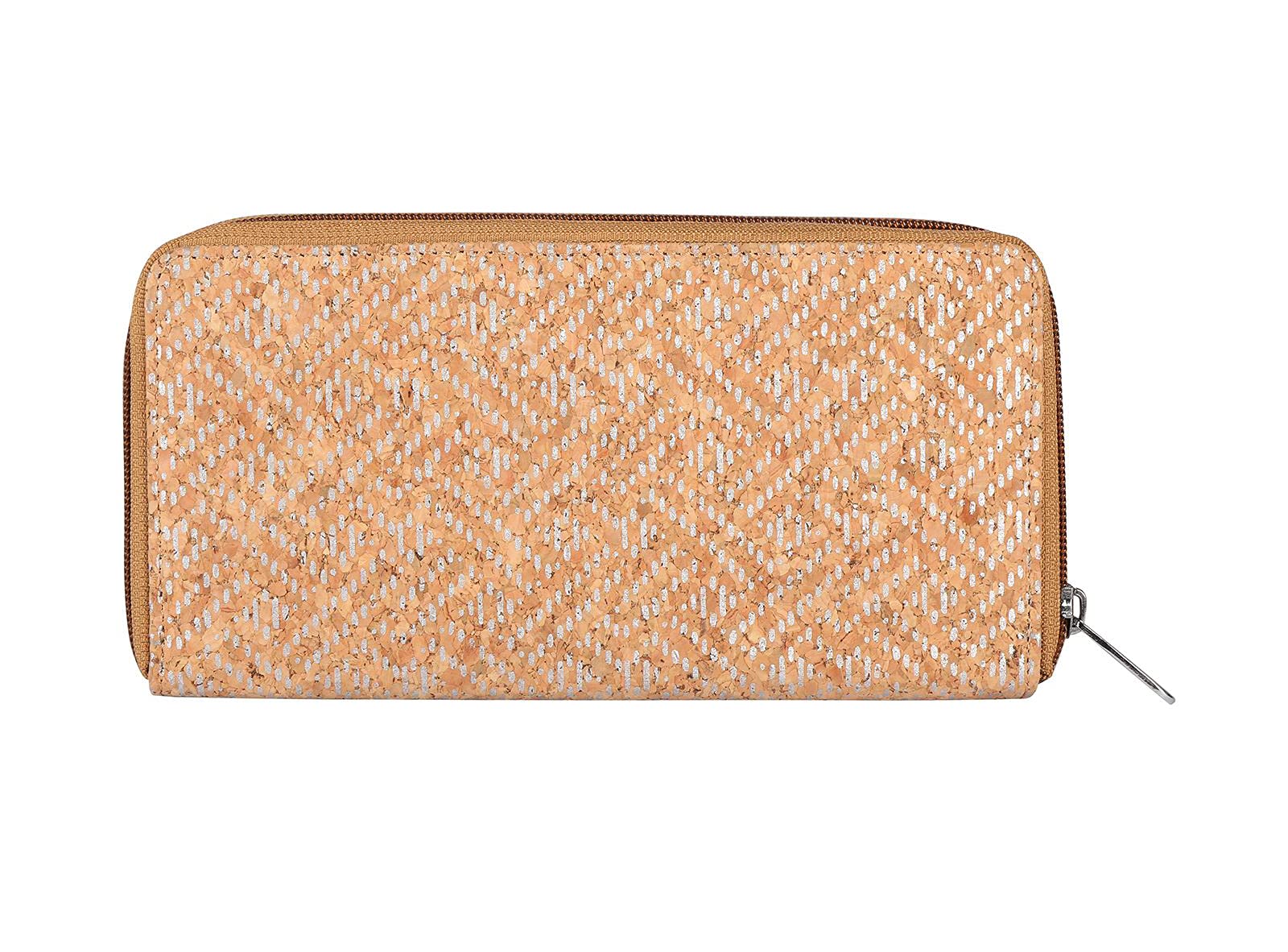 Hudson & James Ladies Designer Cork Vegan RFID Blocking Shield Compact Card Holder Wallet Purse Multi Card Women Clutch Wallet with Phone Pocket (Cork with Silver Pattern)